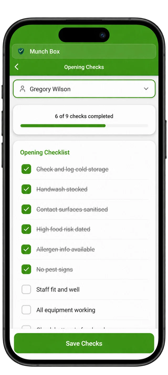 Opening checklist with completion progress in HACCP-records.app