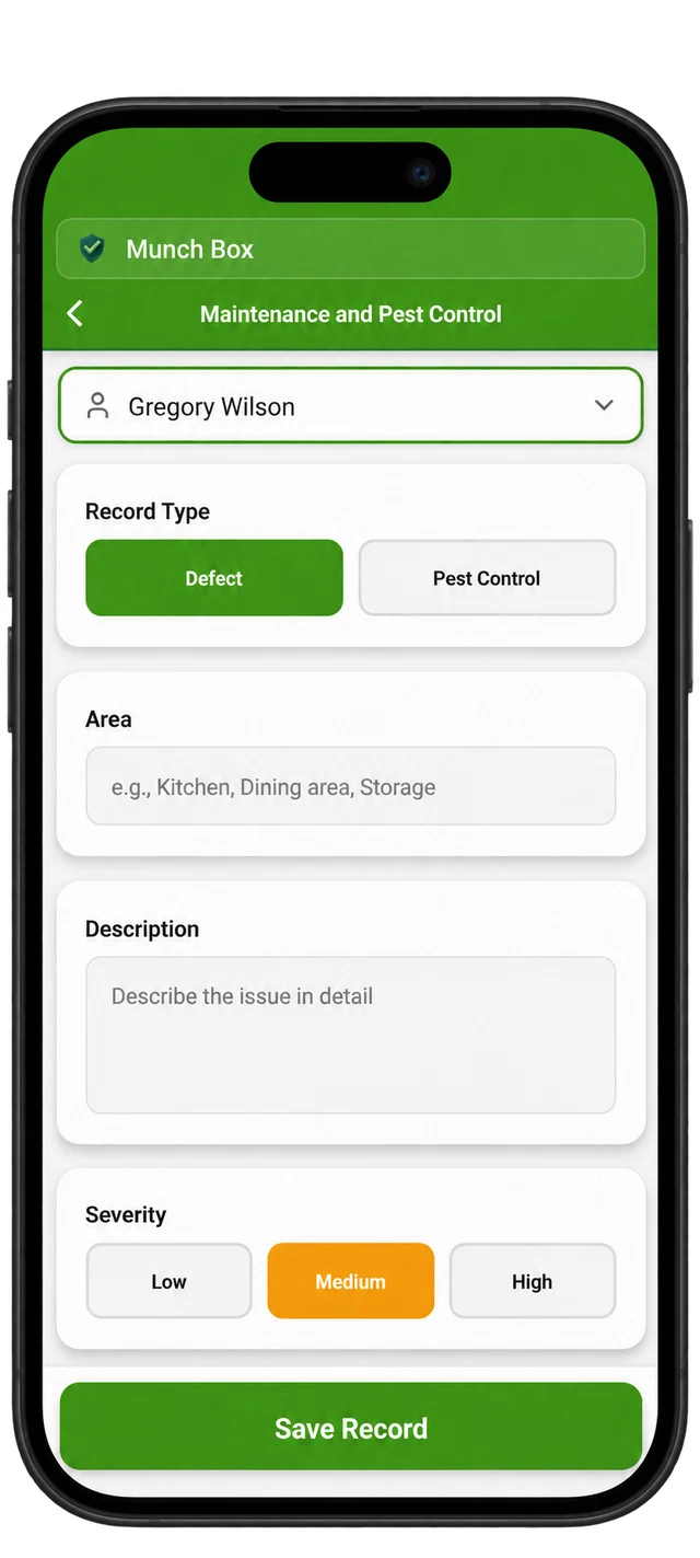 HACCP app maintenance and pest control form with area, description and severity
