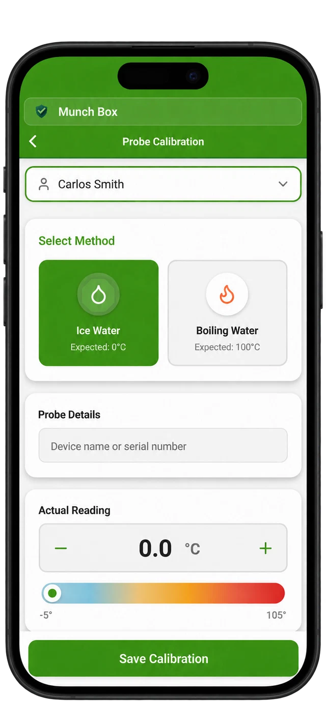 HACCP app probe calibration form with ice water and boiling water methods