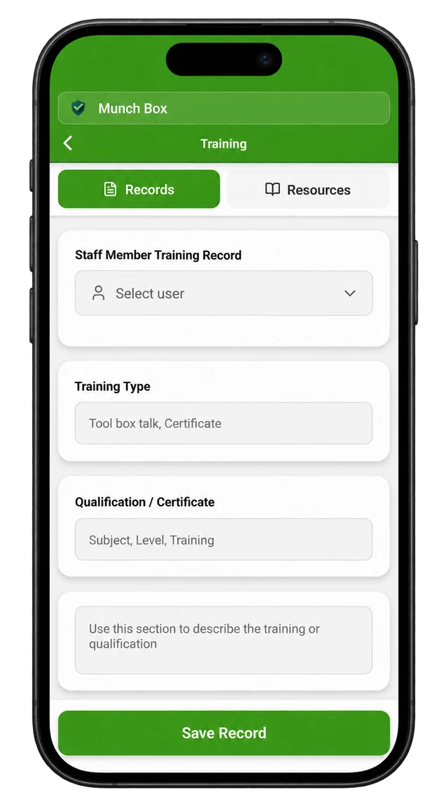 HACCP app staff training form with training type, qualification and notes